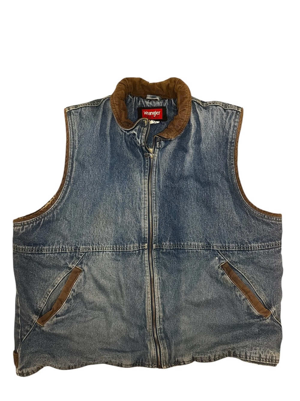 Wrangler Blue Denim Vest with Brown Trimmed Collar
